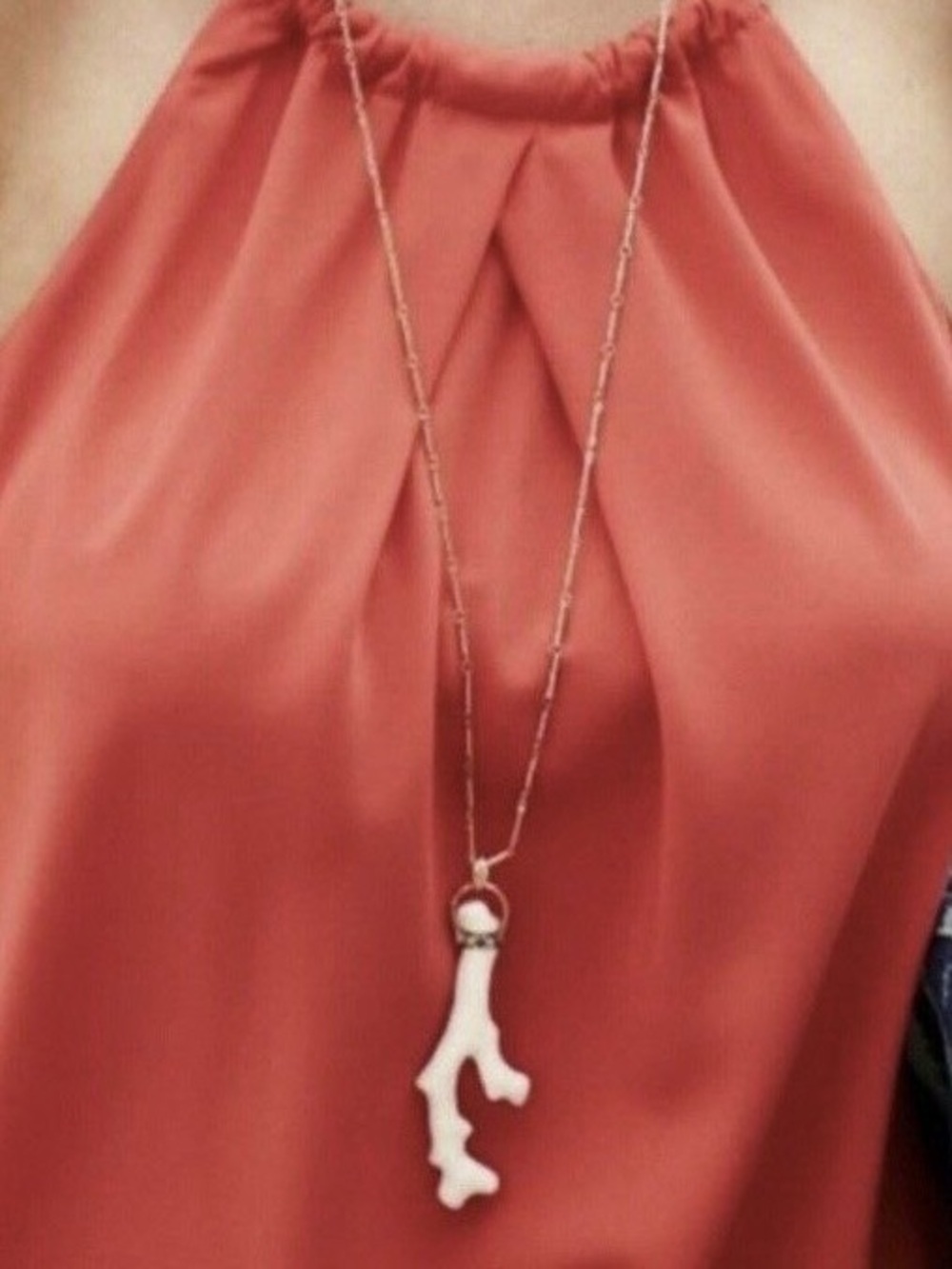 Stella & Dot Gold Long Pendant Necklace with White Coral Charm - Women Jewelry